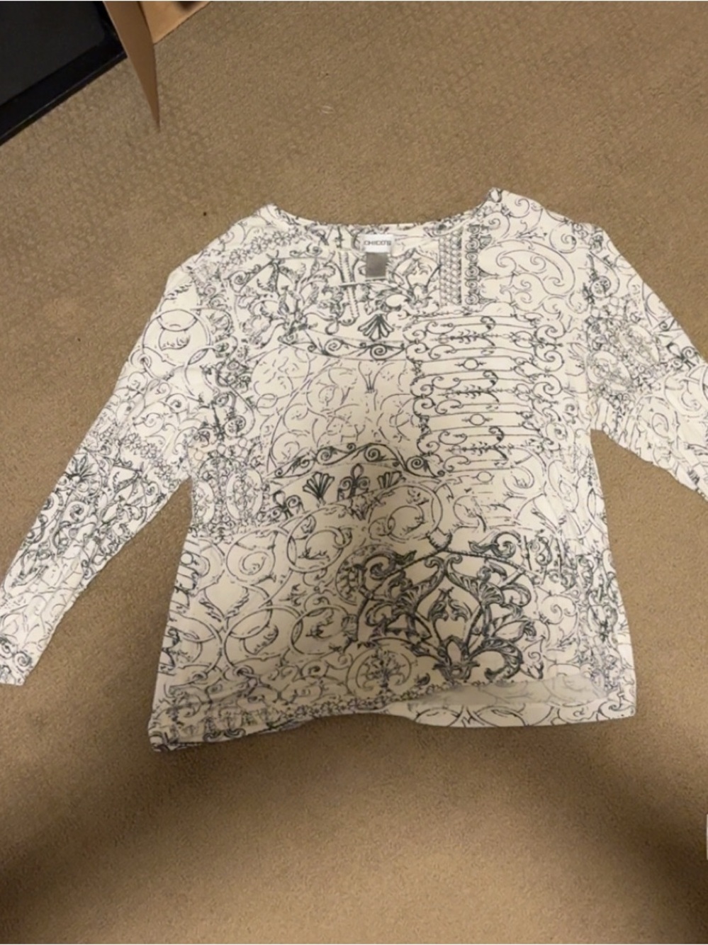 Chico's White Long-Sleeve Tee with Navy Scroll Pattern